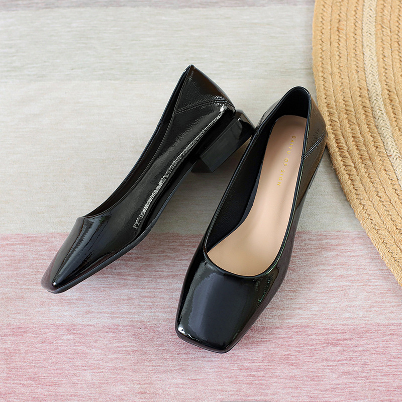 芙号 单鞋女2022新款春季女鞋方头漆皮粗跟皮鞋女浅口工作休闲鞋