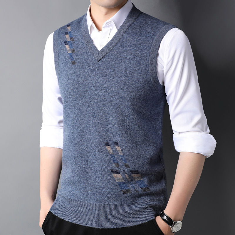 男士背心纯羊毛提花新款针织衫休闲打底全羊毛坎肩中老年爸爸装