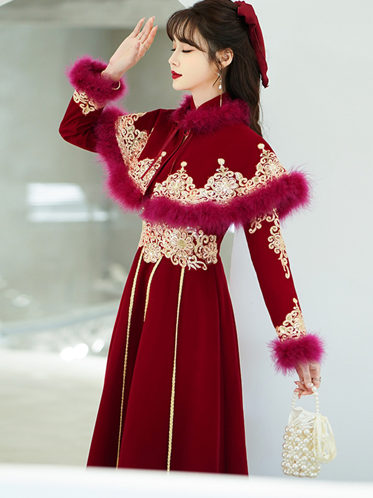 新款敬酒服新娘冬季2022新款大码胖mm结婚订婚礼服加厚带披肩长袖