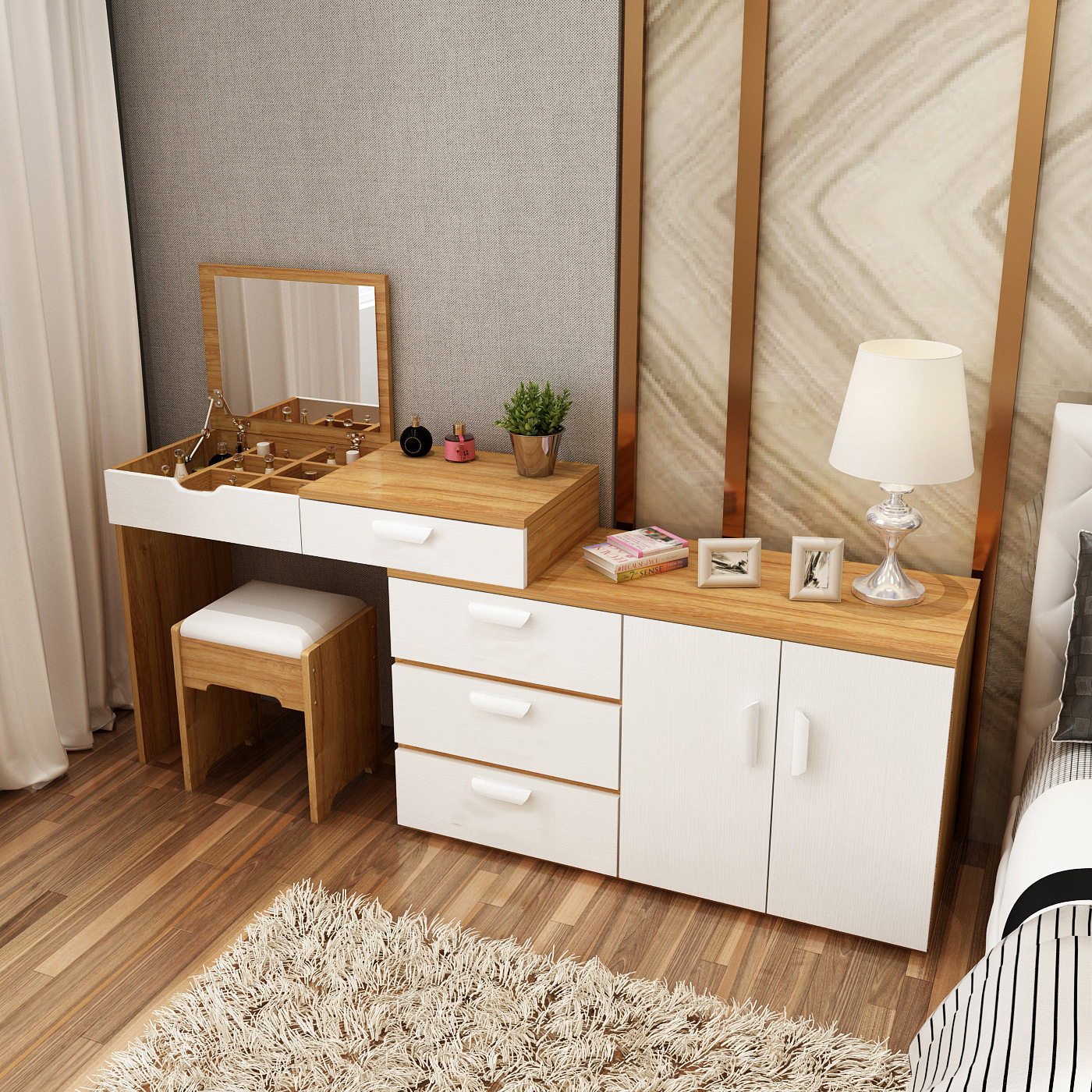 翻盖化妆台现代简约小户型梳妆台卧室经济型组装化妆桌伸缩多功能