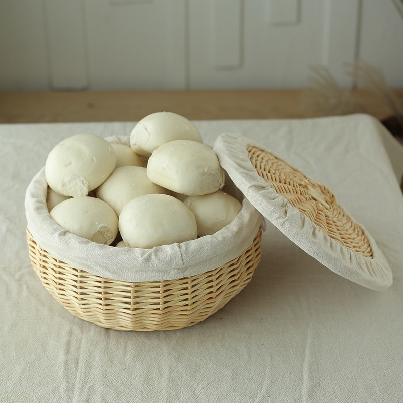 六月生家用馒头筐藤编厨房水果筐鸡蛋篮收纳筐馍筐带盖保温面包篮