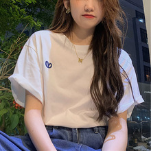 韩版夏季网红T恤纯色刺绣简约宽松ins设计感小众短袖女打底衫上衣