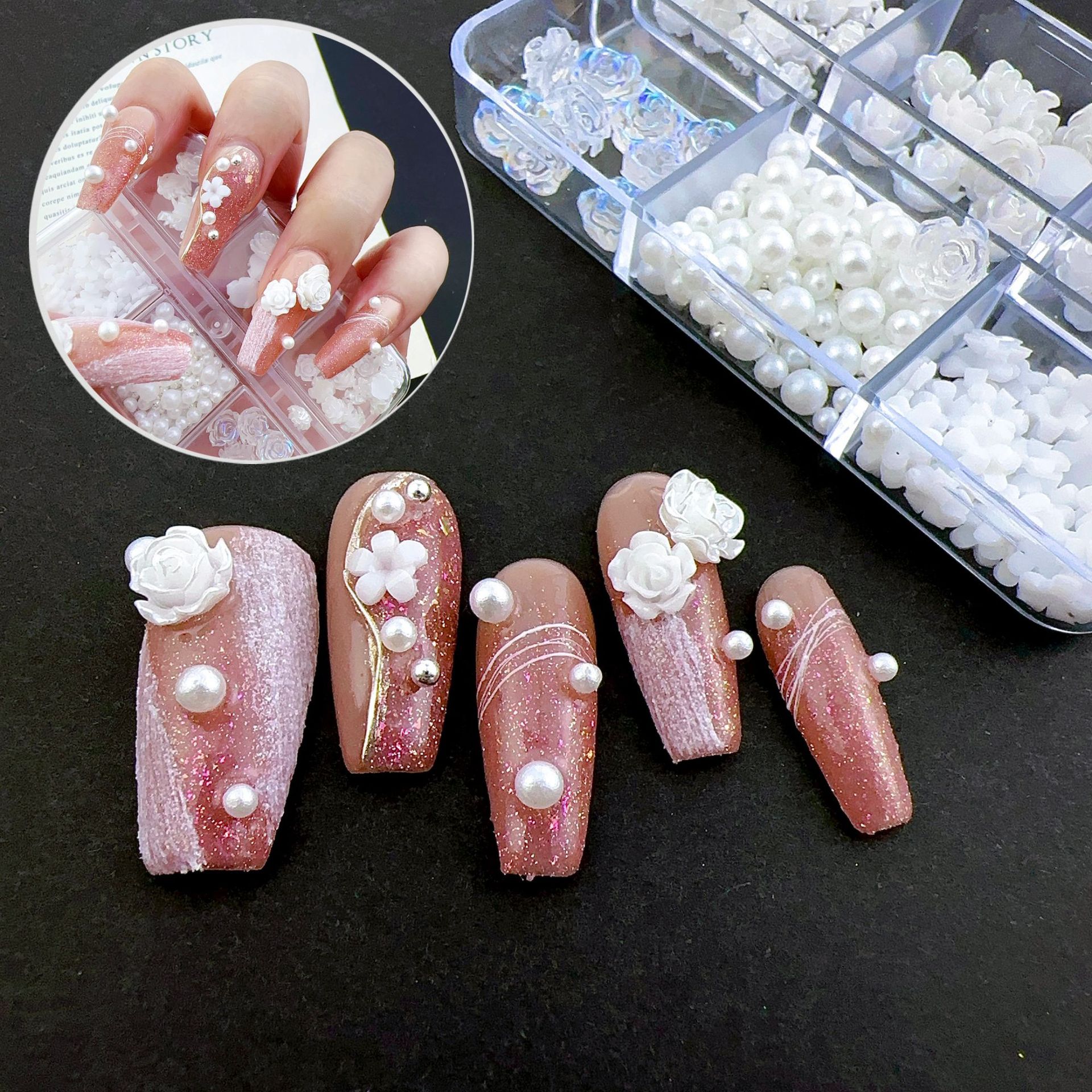 6格12格盒跨境热销珍珠山茶花美甲饰品细闪手工穿戴甲指甲装饰品