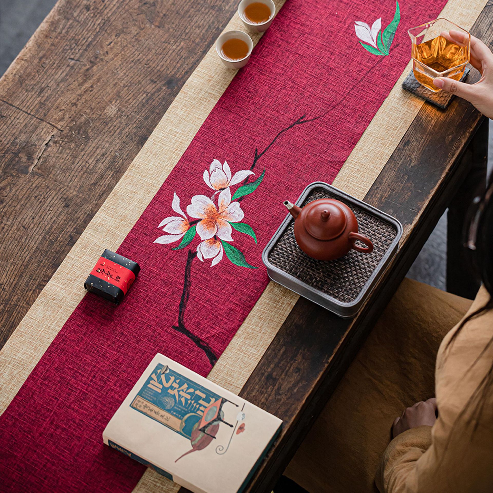 新中式麻纹手绘茶席日式禅意桌旗防水中国风绘画棉麻布艺茶台桌布