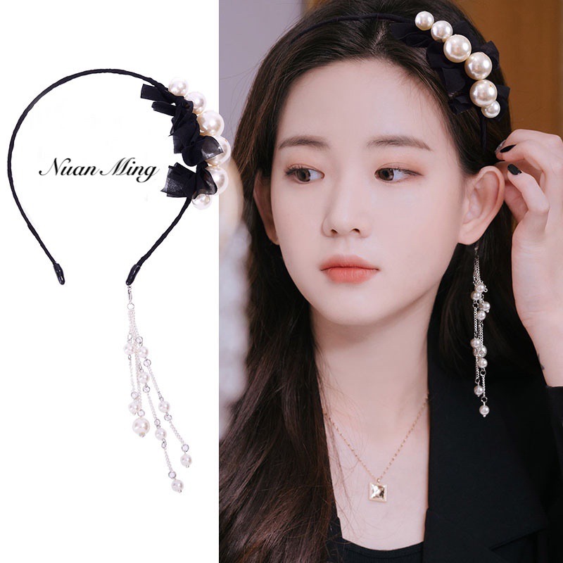 Fake Earrings Headband Female Tassel Korean Versatile Outing imitation Pearl Detachable Headband Mori Style Super Fairy Hairpin Headdress