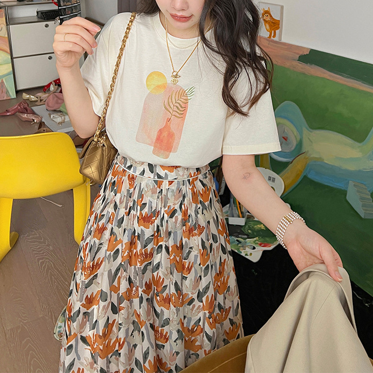 花栗鼠小姐 暮春花市 现货短袖t恤女小个子a字碎花半身裙套装女夏