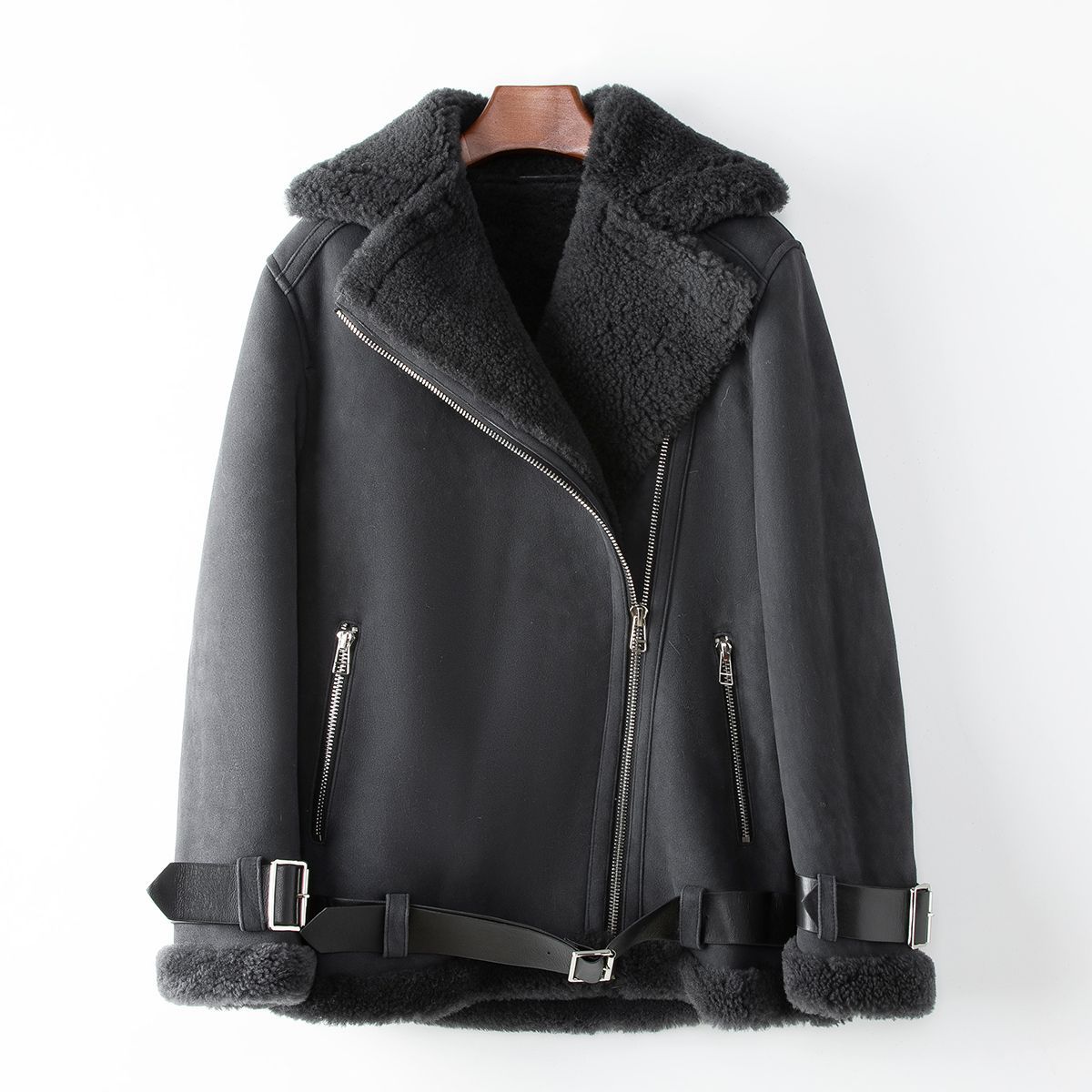 少量服饰2024年海宁春季新款女式休闲机车风羊皮毛一体真皮草外套