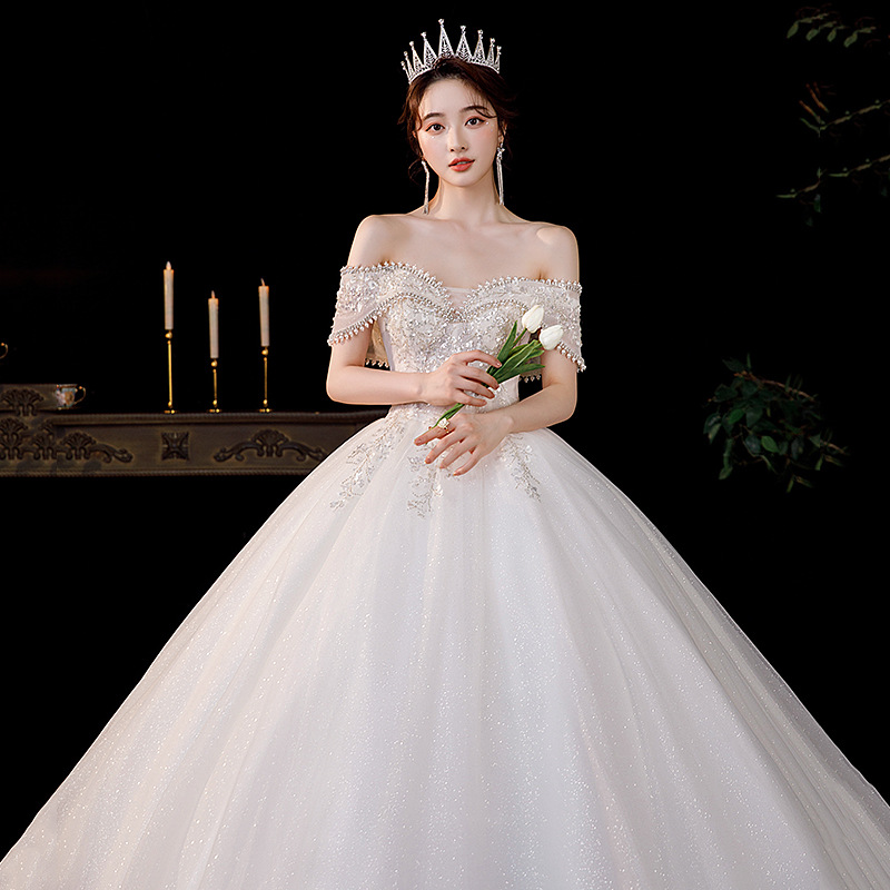 一字肩主婚纱2022新款新娘礼服气质新娘宫廷风法式大拖尾轻纱夏季