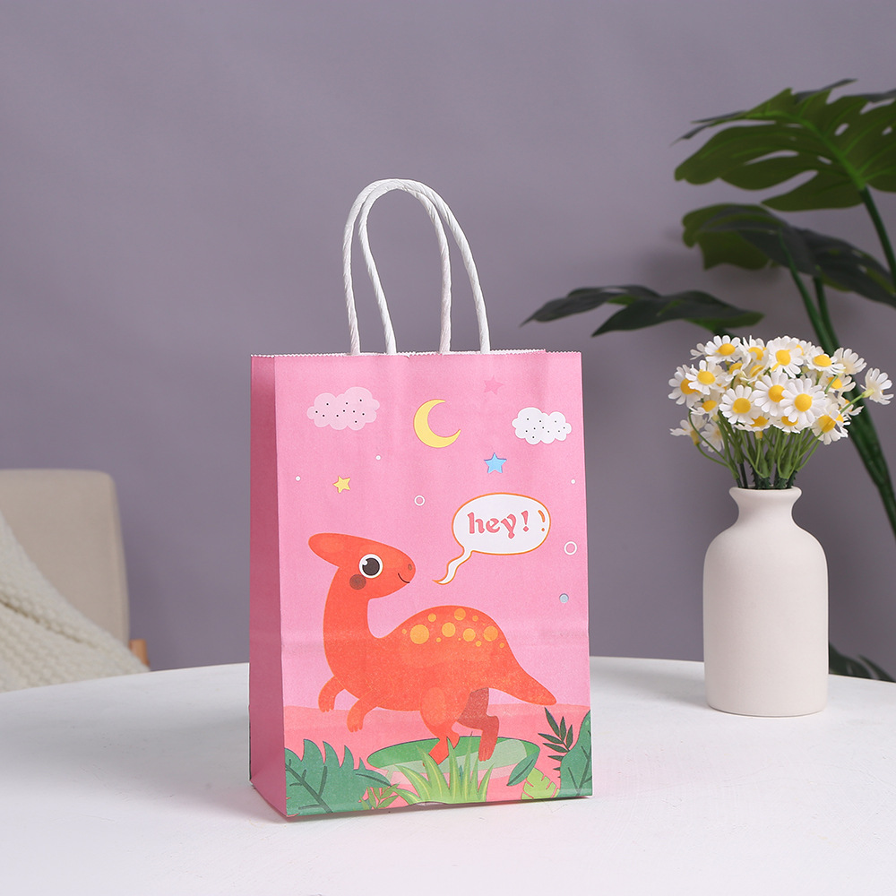 Kraft Paper Shopping Bag Dinosaur Handbag Printed Cartoon Dinosaur Kraft Paper Bag Gift Bag Party Supplies