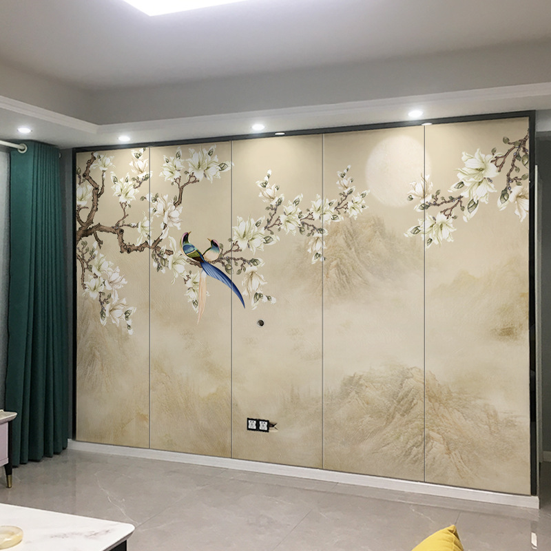 新中式硬包电视背景墙手绘花鸟山水装饰墙板客厅沙发卧室床头软包