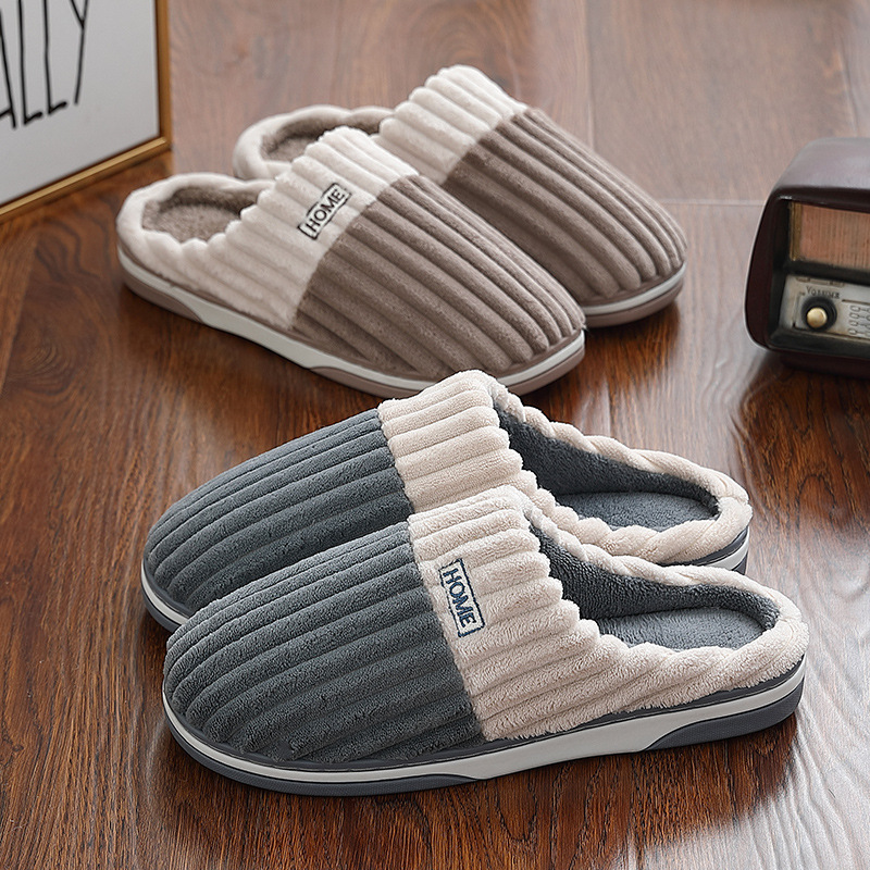 home cotton slippers women‘s winter plus size indoor home woolen slipper men‘s striped plush warm cotton slippers men‘s wholesale