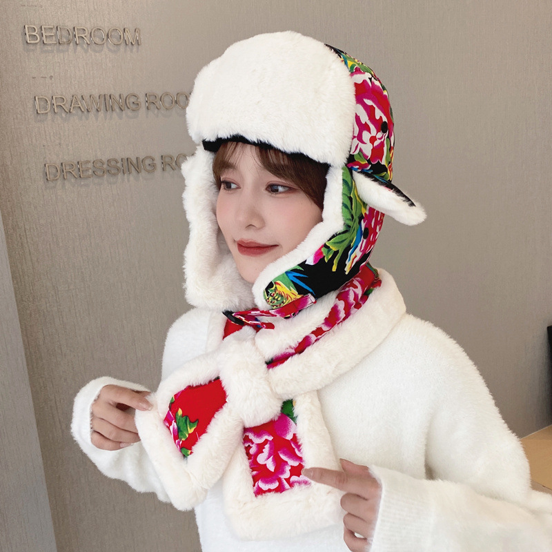 冬季雷锋帽女保暖护耳东北大花布棉帽子男复古民族风儿童火车头帽