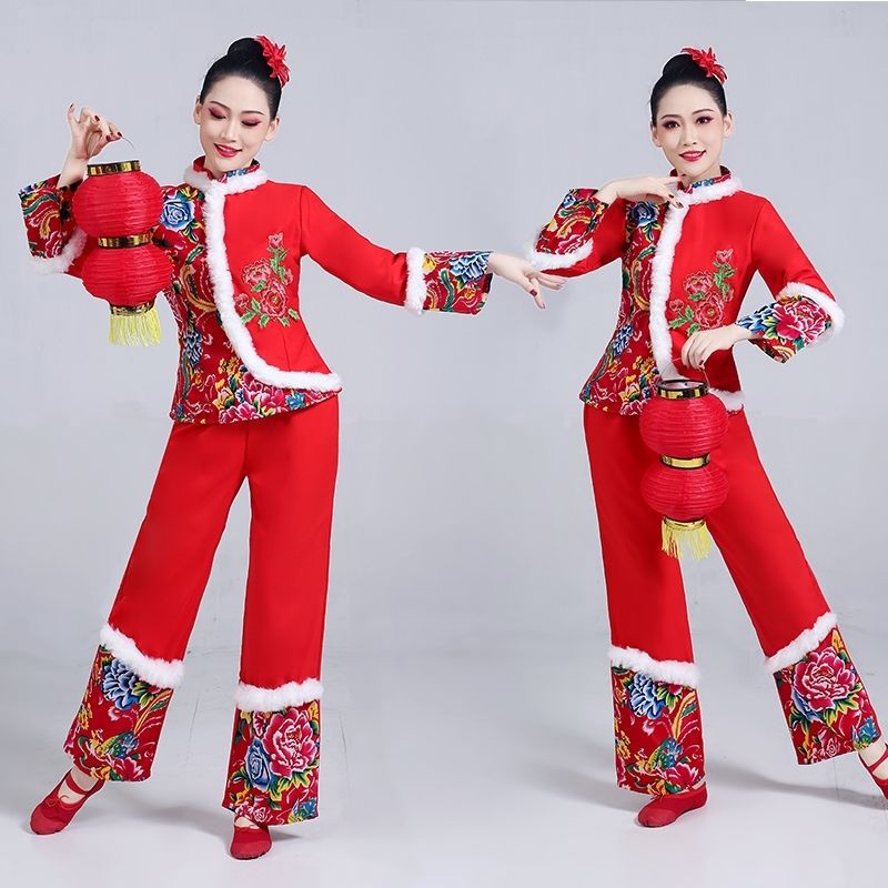 秧歌服女演出服装中老年喜庆腰鼓扇子广场舞套装新款冬季加厚加绒