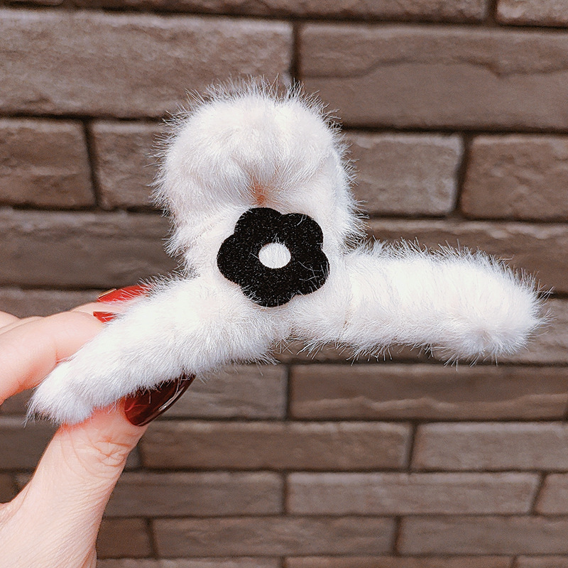 Furry Winter Grip Classic Style Cute Flowers Plush Barrettes Back Head Autumn Winter Retro Side Japanese and Korean