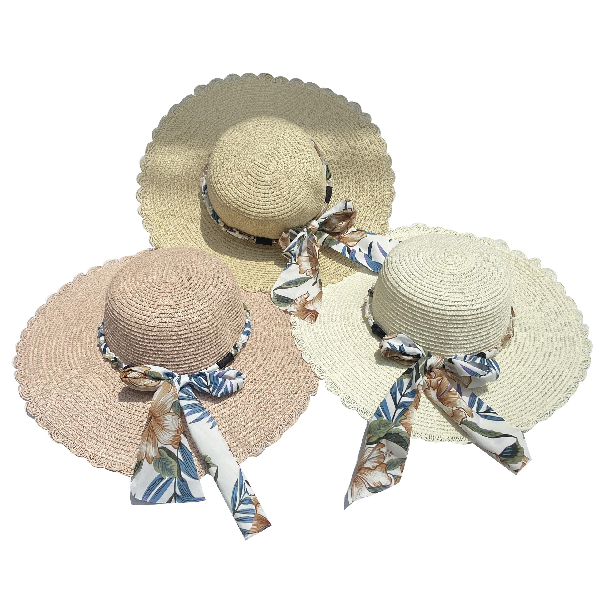 韩版时尚女士大檐帽遮阳防晒海边帽花边珍珠飘带草帽蝴蝶结帽子夏