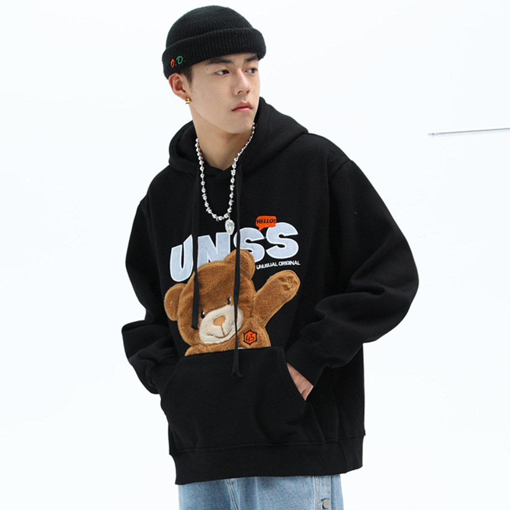 卡通植绒小熊连帽卫衣男士街头潮牌宽松加绒连帽衫秋季潮流套头衫