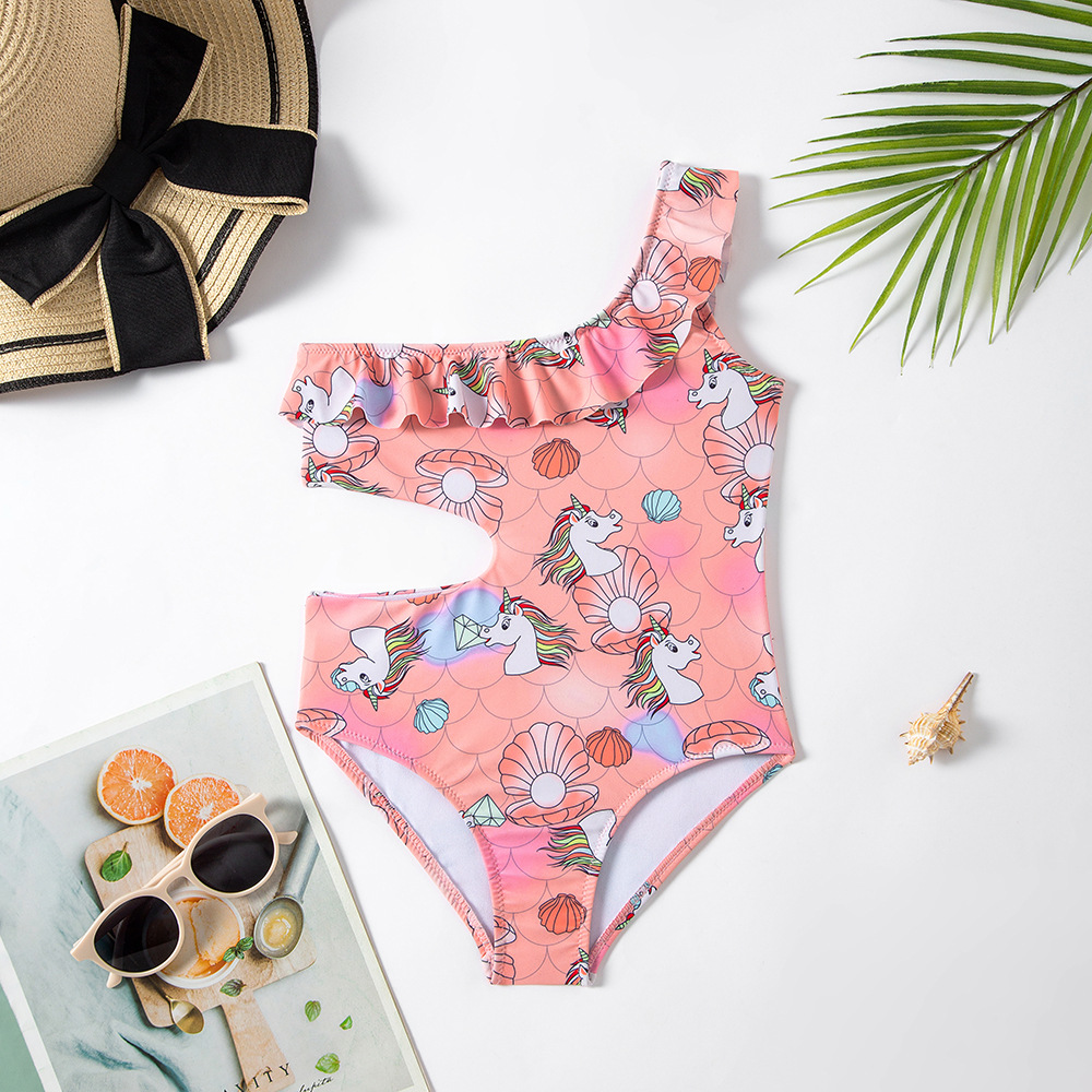 Spot Foreign Trade New Girl's One-Piece Swimming Suit Oblique Shoulder Children's One-Piece Swimsuit Smaller and Big Kids' Swimwear