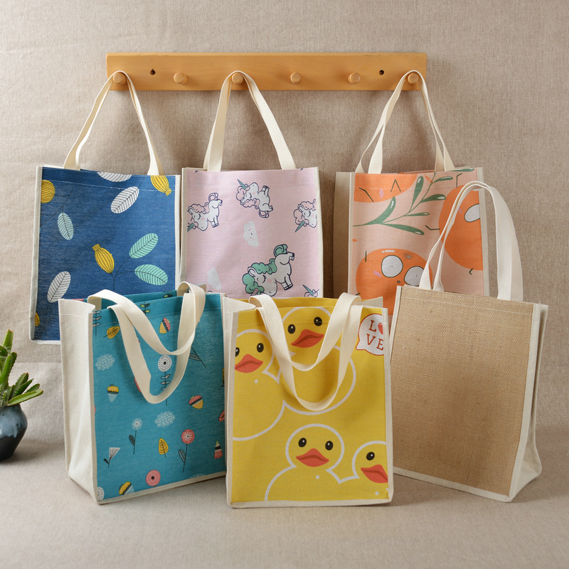 卡通多色麻布袋手提袋亚麻袋麻布购物袋手拎袋礼品袋旅行收纳袋