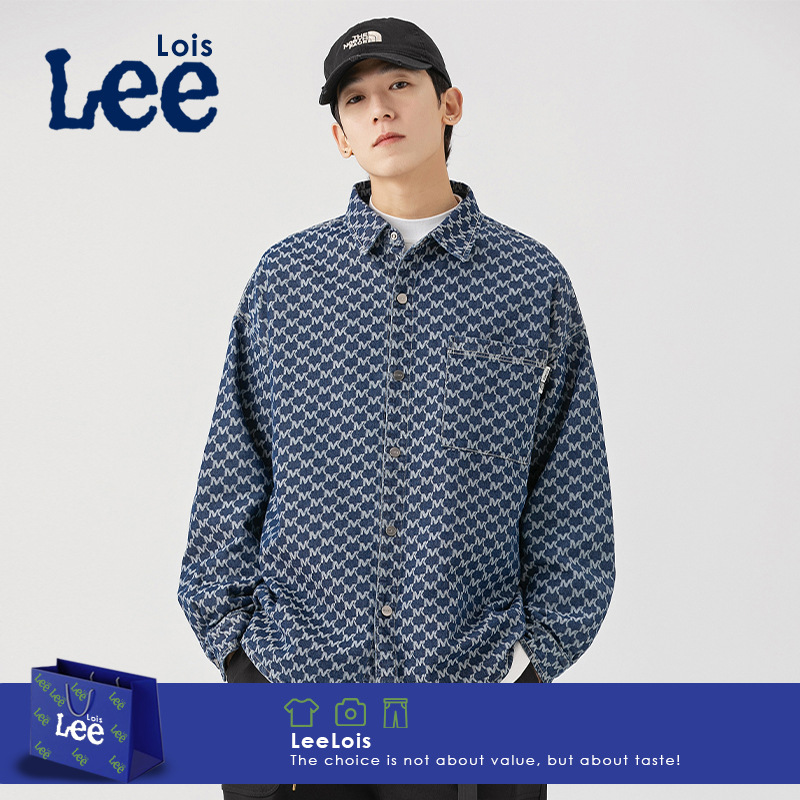 lee联名 2024春秋新款蓝色网格休闲长袖衬衫男时尚港风百搭男衬衣