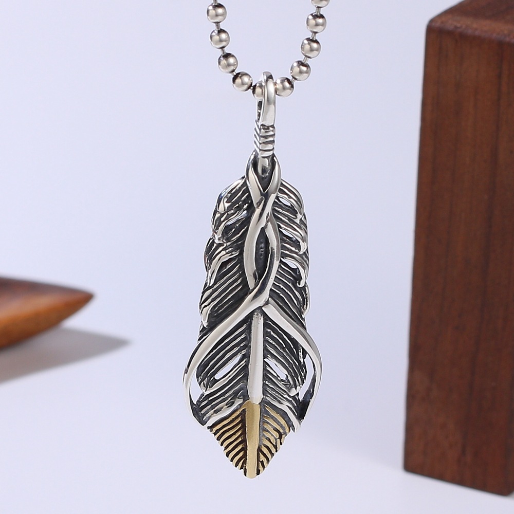 s925纯银高桥羽毛吊坠男高级感日韩风手工高桥项链女纯银项坠批发