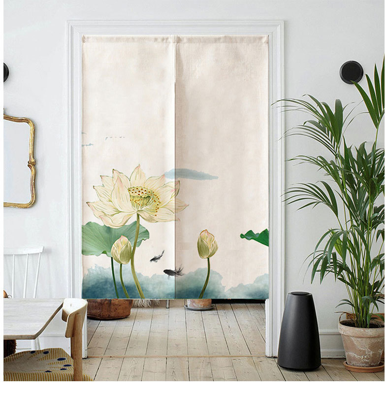 中式荷花门帘布艺 卧室客厅民宿棉麻隔断半帘风水帘磁性门帘