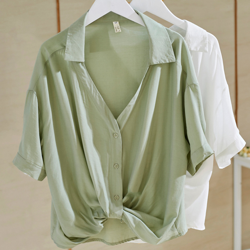 White V-neck Short-Sleeved Shirt for Women 2023 Summer New Korean Style Sense of Design Niche Loose Slimming Knotted Shirt