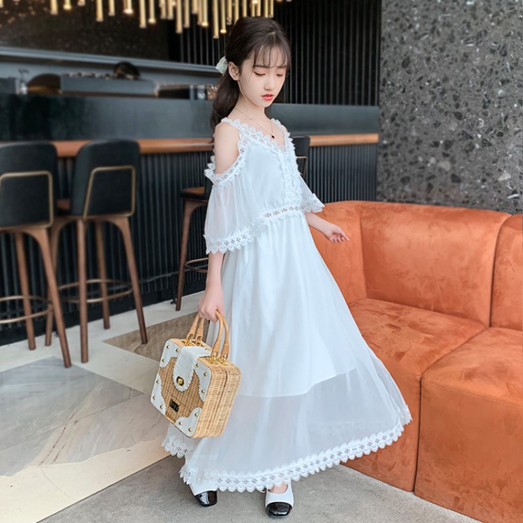 女童白色长款连衣裙雪纺夏季儿童吊带裙大童沙滩裙子海边度假超仙