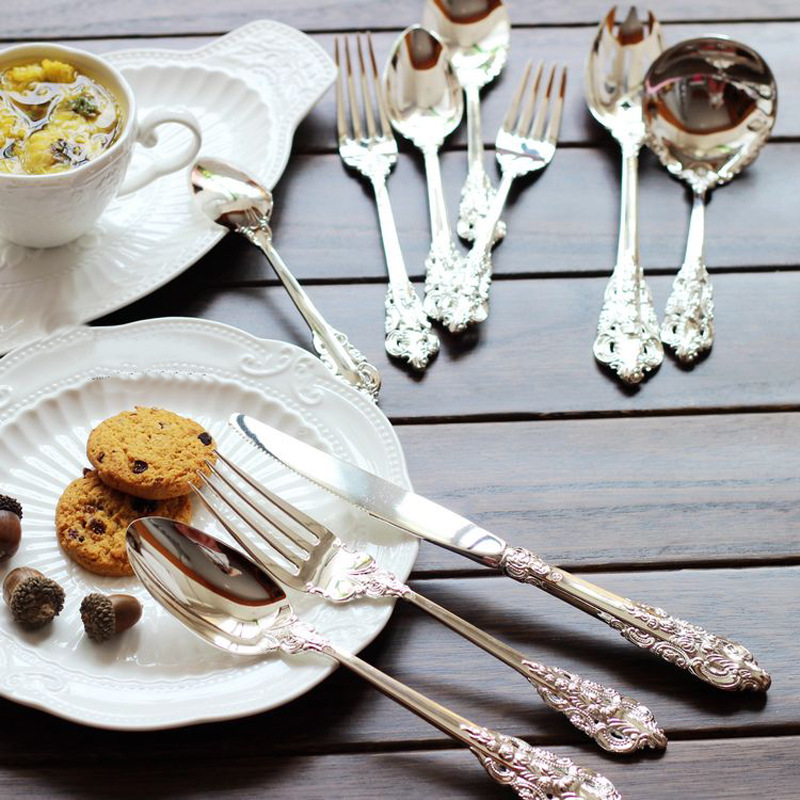 皇室典雅镀银宫廷餐具刀叉勺欧式西餐汤勺蛋糕铲银色复古套装