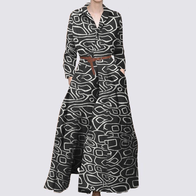 2022 New Fall Lapels Printed Long Sleeve Elegant Stylish Loose plus Size Bohemian Long Dress