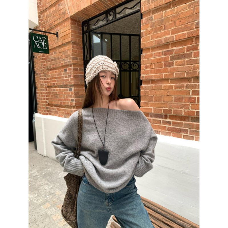 2025春季新款斜肩针织衫韩版宽松百搭一字领设计感斜肩纯色毛衣女