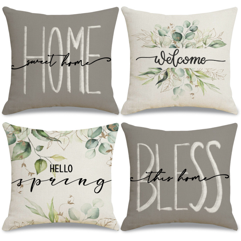 amazon new pillow cover spring letter leaves linen printing cushion cover sofa cushion wholesale