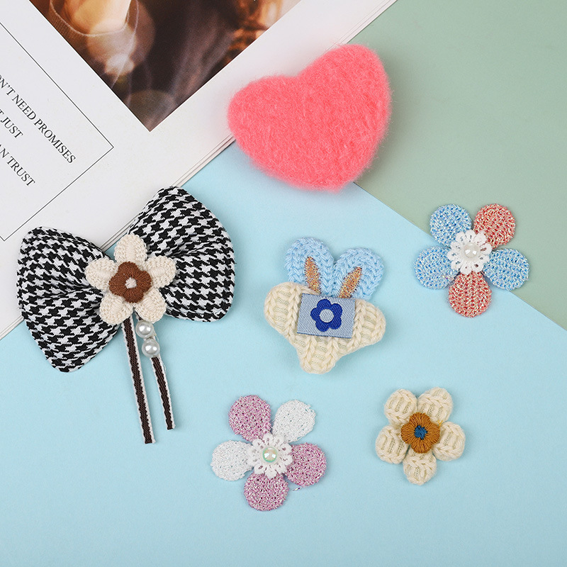 bow love accessories accessories flower decorative cloth stickers diy woven color matching five-leaf flower knitted cloth stickers wholesale