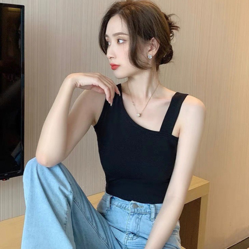 吊带小背心女斜肩设计小众打底衫外穿内搭性感紧身心机美背上衣夏