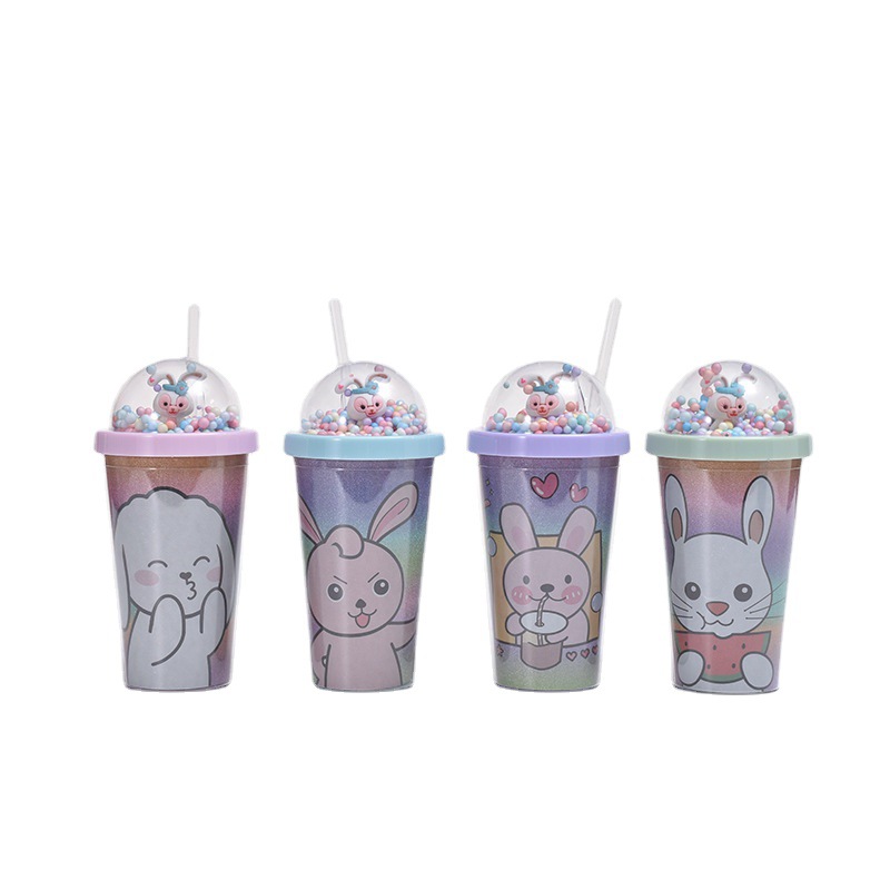 Cartoon Cute Rabbit Plastic Cup Student Girl Heart Children's Straw Cup with Colorful Beads Cover Micro Landscape Summer Ice Glass