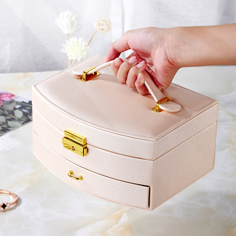 Jewelry Box Princess European Style Fan-Shaped Double Drawer with Lock Stud Earrings Necklace Ring Jewelry Storage Box