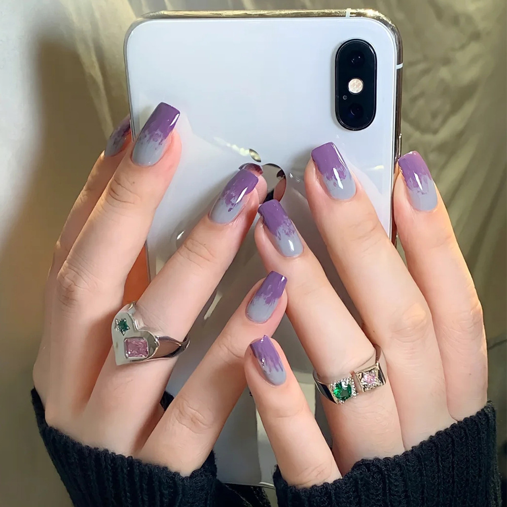 热销新款渐变灰紫穿戴甲 美甲贴 网红超薄印花24片盒装假指甲成品