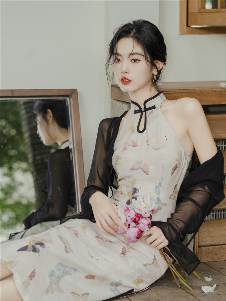 实拍#新中式印花削肩旗袍连衣裙 雪纺防晒开衫-阿里巴巴