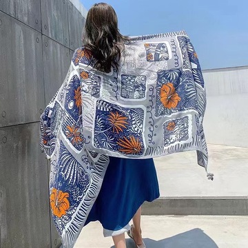 薄款蓝橙色花草图案气质流苏长防晒旅游云南印度沙滩拍照披肩头巾