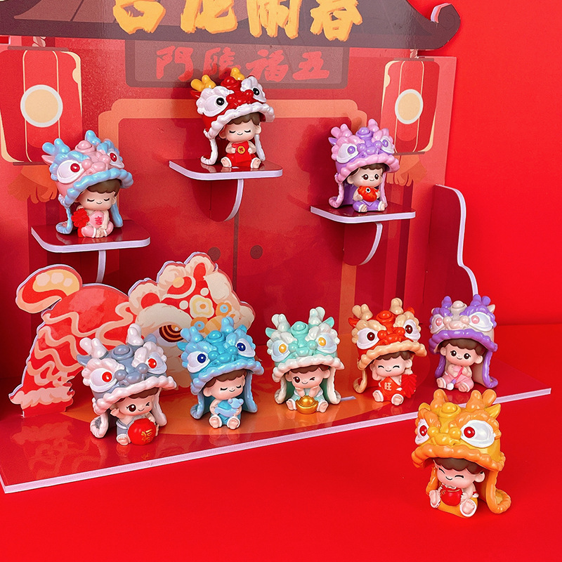 Dragon Year Fashion Lion Dance Doll Hand-Made Home Desktop Decoration Resin Decorations New Year Gift Jilong Spring Blind Box