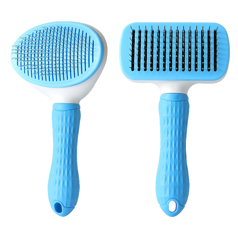 Hawo Pet Self-Cleaning Comb Wholesale Cat and Dog Universal Massage Comb round Soft Handle Self-Cleaning Steel Needle Brush Hair Removal Comb