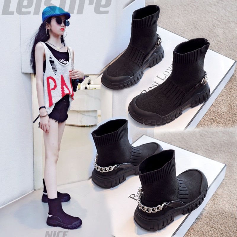 儿童靴子2022秋新款女童袜靴3岁到14岁女童鞋子小女孩飞织马丁靴