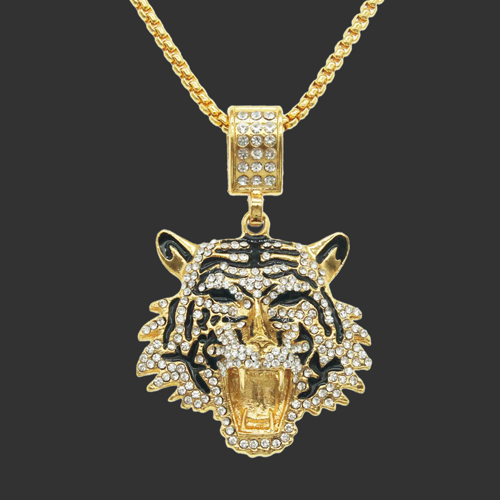 潮人欧美夸张立体满钻老虎头吊坠项链饰品嘻哈朋克长款毛衣链配饰