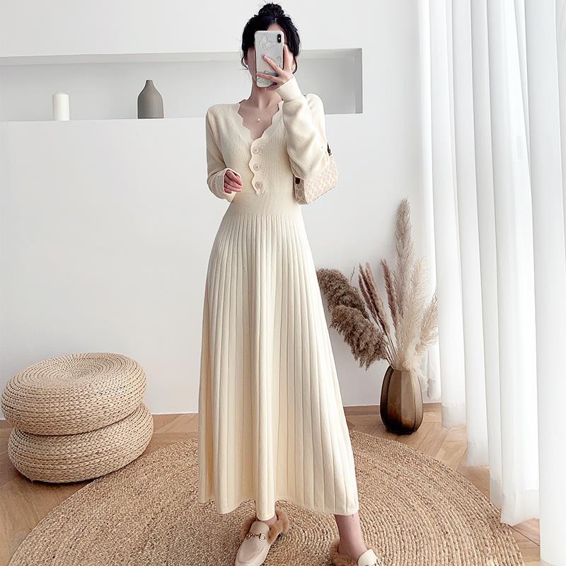 French Style below the Knee Slimming Knitted Dress Autumn Elegant Winter Tight Waist Gentle Fairy Lady Bottoming Skirt Woolen Skirt