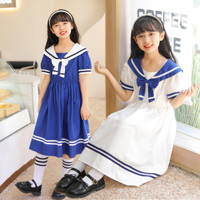 2024 new medium and large children‘s western style fashion college style princess dress sailor collar skirt girls‘ summer dress
