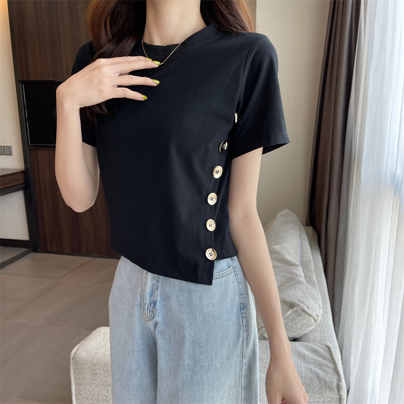 2023 Summer New Korean Style High Waist Short Women's Black Short-Sleeved T-shirt Design Sense Niche Women's Tops Wholesale