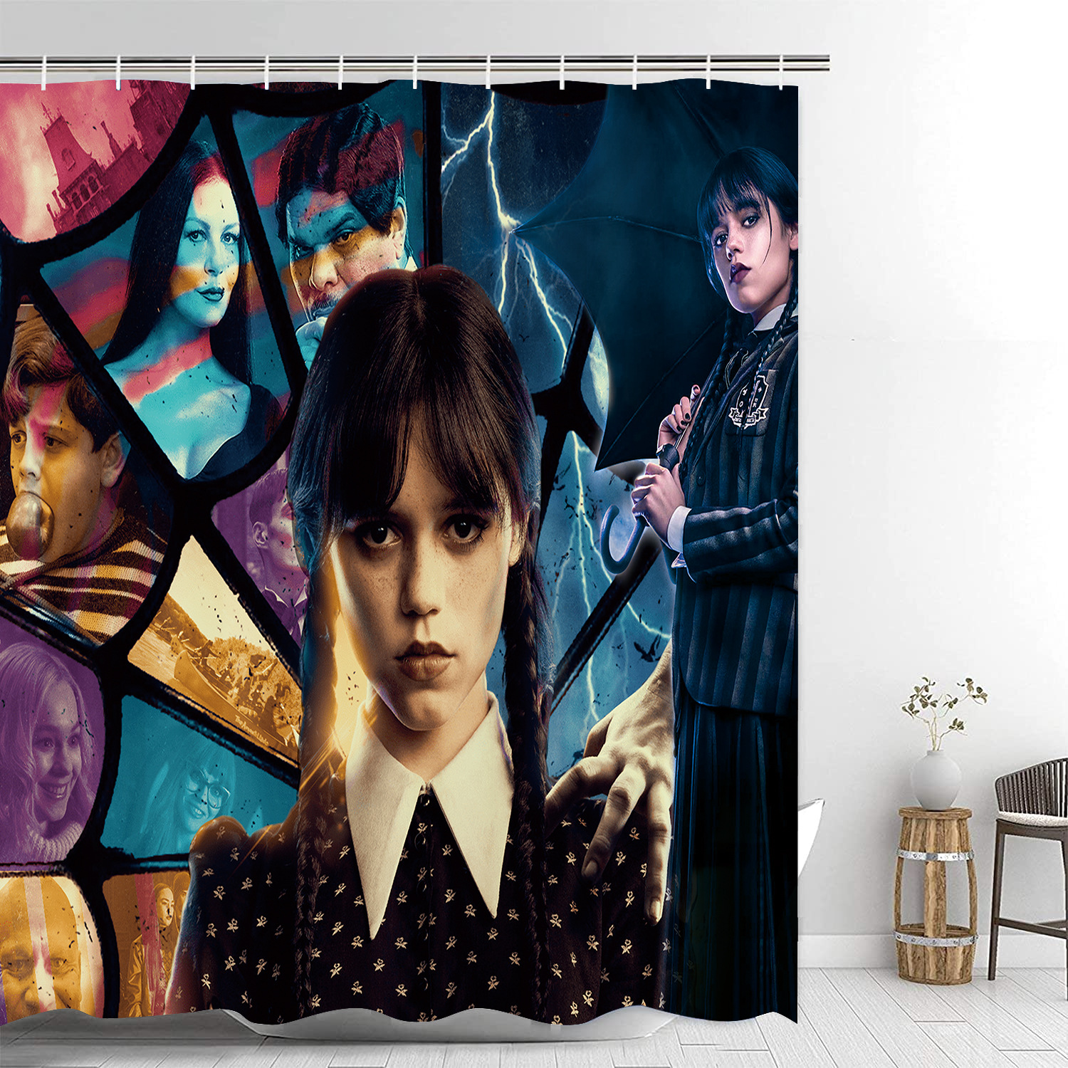 Adams Wednesday Shower Curtain American TV Series Wednesday Waterproof Shower Curtain Four-Piece Bathroom Punch-Free Shower Curtain