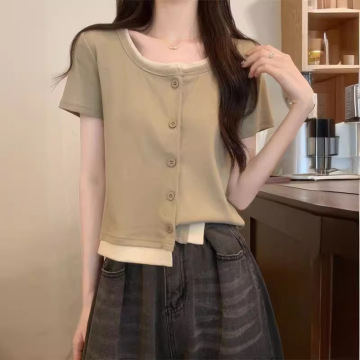 小个子排扣撞色假两件短袖t恤女夏季新款韩版修身体恤短款上衣潮