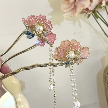 古风珍珠流苏牡丹花发簪高级感盘发簪子女汉服马面裙发钗步揺发饰