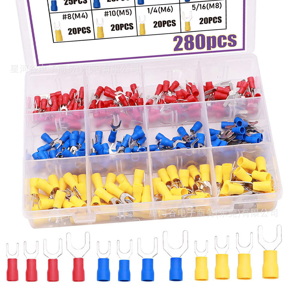 跨境货源280pcs 预绝缘端子叉管型冷压端子黄铜接线u形铜鼻子套装
