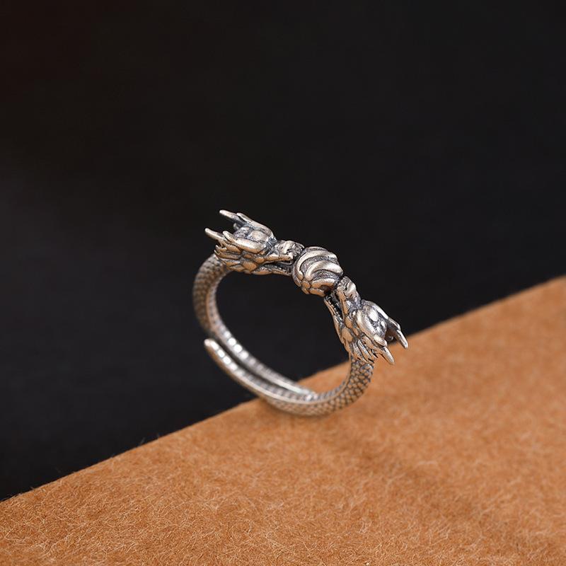 双龙戏珠龙头戒指男士复古做旧小众个性时尚开口指环小拇指尾戒